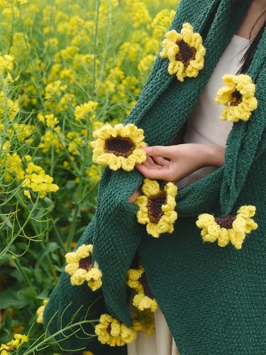 vctops Flower Bouquet Knitted Throw Blanket, Cute Sunflower Bouquets Handmade Crochet Round Blankets, Sunflowers Soft Throws Gifts for Girls, Women, Wife (Sunflower,Diameter 59") - color: Sunflower, size: Adult,Diameter 59"