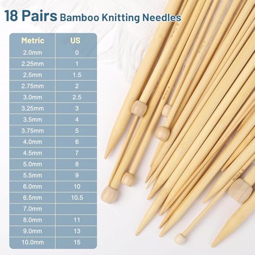 Aeelike 18 Pairs Bamboo Knitting Needles Set, 2mm-8mm Wood Needle, Type G | 14 Inch Wooden Knitting Needles Single Point with Roll Bag, Complete Smooth Needle Set for Socks Sweater Scarves, Ideal Gift - color: Color C, size: 35 cm