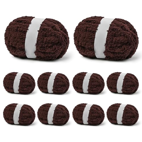 10 Pack Coffee Fuzzy Chunky Yarn for Hand Knitting, Bulky Thick Fluffy Chenille Yarn for Crocheting, 260yds/70.5oz Jumbo Crochet Yarns, Soft Chunky Knit Blanket Yarns for Crochet - color: 10 Coffee