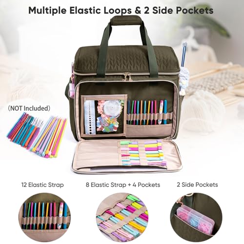 MYBAGZING Large Yarn Storage Bag,Crochet Bag Organizer,Yarn Bags for Crocheting,Crochet Storage Bag with Pockets for Crochet Hooks, Crochet Accessories,Knitting Bags,Gifts for Crocheters - color: Green, size: Large