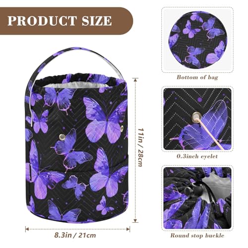 Fustylead Hand Draw Purple Butterflies Silhouette Large Crochet Organizer, Durable Polyester Drawstring Basket Yarn Storage Bag for Crochet Hooks, Knitting Needles, Project and Sewing Supplies - color: Black03 Purple Butterflies