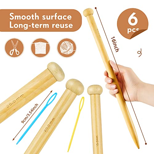 12 Pcs Large Knitting Needles 16 Inch Wooden Knitting Needles 3 Size Extra Large Knitting Needle with Plastic Straight Needles Storage Bag for Chunky Yarn Beginner DIY Fabric Craft Crochet 15 20 25 mm