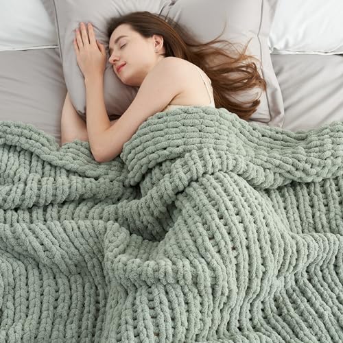 Chenille Chunky Knit Throw Blanket for Couch 50"x60", Sage Green | Handmade Chenille Crochet Throw for Sofa Bed, Thick Cable Knitted Blankets for Room Home Decor, Birthday Gift for Women - color: Sage Green, size: 50"x60"