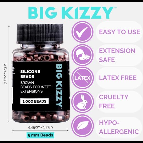 Big Kizzy Silicone Lined Microlink Beads 1000pcs 5.0mm (Brown) | for Invisible Application of Weft Hair Extensions - color: Brown, size: 1000 beads