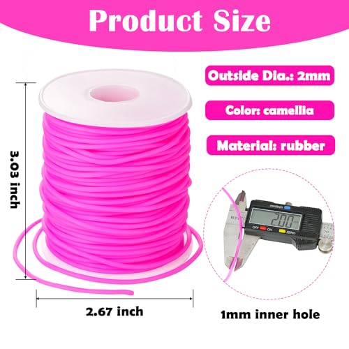 Hollow Rubber Tube Cord 54 Yards 2mm Camellia Stitch Keeper with 1mm Hole | Tubing Knitting Barber Cord Rubber Saver Hollow Rubber Pipe with Spool for Knitting Projects Jewelry Making Bead Creations - color: Camellia