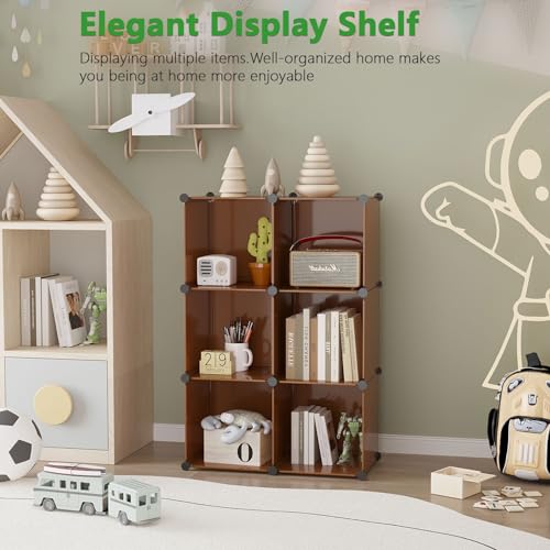 C&AHOME 6-Cube Storage Organizer Cube Shelf Closet Storage Bookcase, Brown | Stackable Cubby Storage, Bookshelf, Portable Plastic Storage Closet Organizer, DIY Modular Shelving Units for Home, Wardrobe - color: Brown