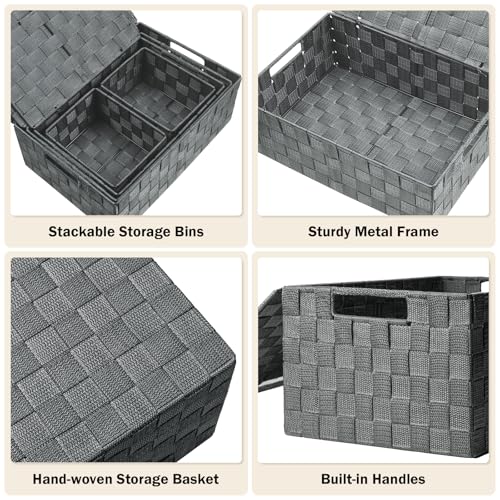 Storage Baskets with Lids: 5 Pack Stackable Woven Storage Bins, Grey | Decorative Woven Baskets for Organizing with Built-In Handles for Shelves, Closets, Cabinets and Cubbies, Gift Small Basket - color: Grey, size: 5pack with Lids