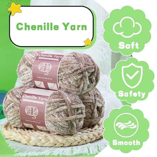 LUNARM Chenille Yarn for Crochet Knitting Chunky Blanket Velvet Yarn | 3 Pack 3.5oz/100g 263 Yard Light Khaki Gradient Yarn for Beginners Knitting Scarves with Big Eye Needles Machine Washable - color: Light Khaki Gradient