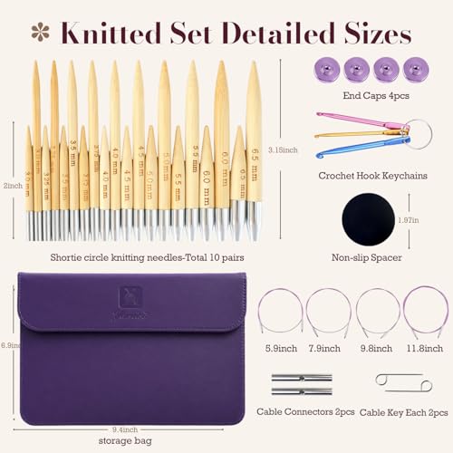 Yarniss 10 Size Shortie Circular Knitting Needles Set with Cable 3.25~6.5mm | Bamboo Mini Interchangeable Knitting Needle with Swivel Cable,Sock Knitting Needle - color: Nature