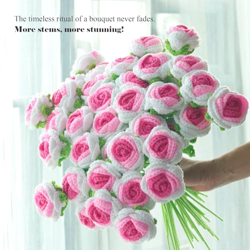 10PCS White-Pink Gradient Crochet Roses, Crochet Flowers | 16.1in x 2.36in; wool yarn bloom + thin iron-wire stem; 100% hand crochet; vase filler, DIY wreath, bouquet, home decor, gift - color: Gradient Pink