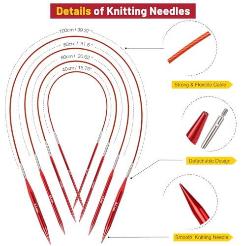 Aeelike 13 Pairs Interchangeable Knitting Needles Set 3-10.0mm, Cherry Red | Aluminum Interchangeable Knitting Needles with 4 Cables, Smooth Complete Needles Set for Socks Blankets Sweaters, Ideal Gift - color: Cherry Red