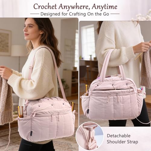 MYBAGZING Stylish Crochet Bag Organizer with Crochet Hook Case, Large Capacity Yarn Bag for Crocheting on the Go, Soft Quilted Crochet Tote with 7 Compartments, Knitting Project Carry-On Travel Gift - color: Pink
