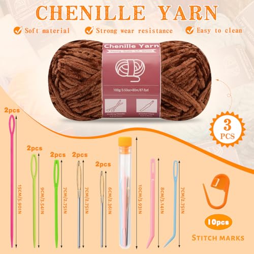 LUNARM Chenille Yarn 3 Pack 3.5oz Chunky Blanket Velvet Yarn 263 Yard | Brown Velvet Chunky Chenille Yarn for Beginners Crocheting Hand Knitting Scarves with Big Eye Needles Machine Washable - color: Brown