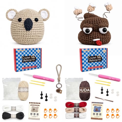 CLOUDAO 2 Pack Beginner Amigurumi Crochet Kit, Koala & Funny Poop DIY Craft Sets with Complete Supplies & Step-by-Step Tutorials