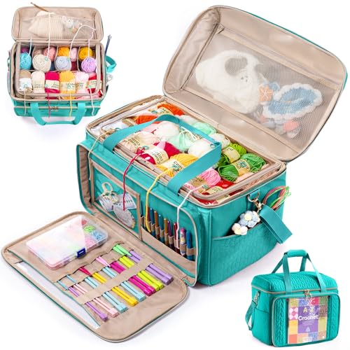 MYBAGZING Large Yarn Storage Bag,Crochet Bag Organizer,Yarn Bags for Crocheting,Crochet Storage Bag with Pockets for Crochet Hooks, Crochet Accessories,Knitting Bags,Gifts for Crocheters - color: Teal, size: Large
