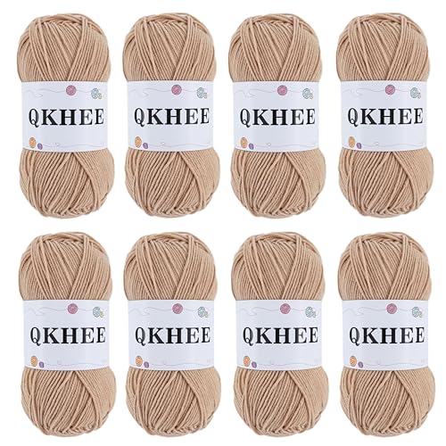 QKHEEYarn for Crocheting and Knitting 8 * 1.76 Oz (50G) /195yd,Fine/Fingering Weight (1), 60% Cotton 40% Acrylic Soft Yarn kit for Making Granny Squares and amigurumi (18 Khaki) - color: Khaki