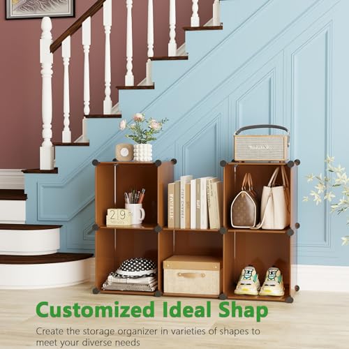 C&AHOME 6-Cube Storage Organizer Cube Shelf Closet Storage Bookcase, Brown | Stackable Cubby Storage, Bookshelf, Portable Plastic Storage Closet Organizer, DIY Modular Shelving Units for Home, Wardrobe - color: Brown
