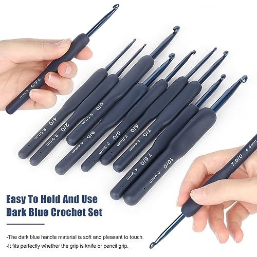 Coopay Dark Blue Crochet Hooks, Soft Crochet Hook Set for Arthritic Hands | 9pcs 2.0-6.0mm Soft Touch Crochet Needles Ergonomic Soft Grips for Beginners/Professionals, Exquisite Crocheter Gifts - color: Dark Blue