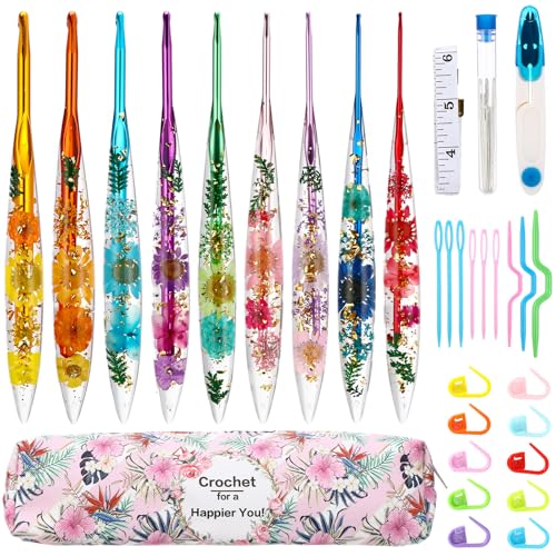 Riceshoot 9 Pcs Crochet Hook Set, 2.0mm-6.0mm Ergonomic Crochet Hooks with Long Floral Handle for Beginners Crocheting Lovers, Includes Storage Bag and Other Accessories - style: Classic