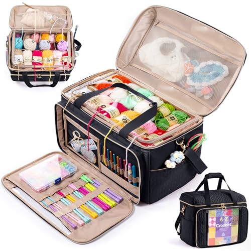 MYBAGZING Large Yarn Storage Bag,Crochet Bag Organizer,Yarn Bags for Crocheting,Crochet Storage Bag with Pockets for Crochet Hooks, Crochet Accessories,Knitting Bags,Gifts for Crocheters - color: Black, size: Large