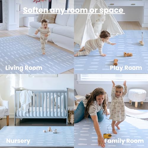 Little Landings Baby Play Mat for Floor - Shoreline (6x8ft) - Interlocking EVA Foam Play Mat Tiles for Babies & Toddlers, Non-Toxic Playmat for Tummy Time, Crawling & Playroom - Rug-Look Design - color: Shoreline - Misty Blue, size: 6x8 ft