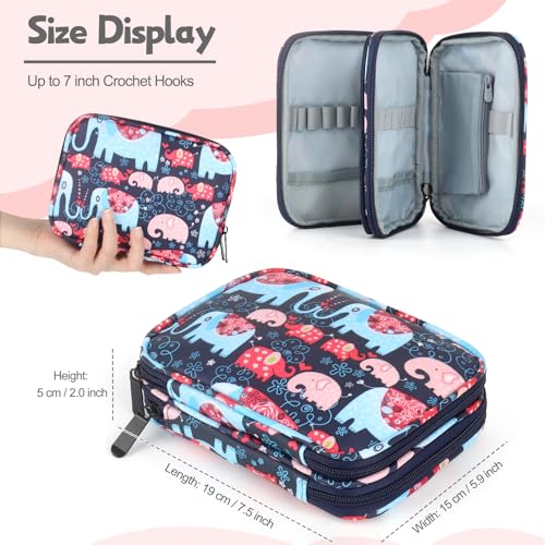 Katech Portable Travel Crochet Hooks Case w/Zippe Pocket Elephant Pattern | Hooks Organizer with Zipper, Web Pocket and Crochet Holder Slots for Knitting Accessories Needles During Tour - color: Elephant Pattern