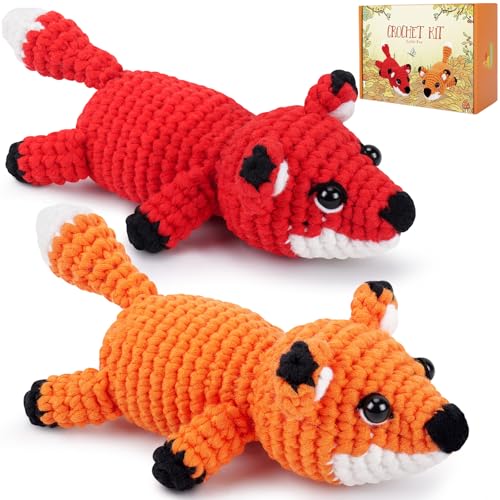 Crochet Kit for Beginners - 2 PCS Fox Crochet Kits with Step-by-Step Video Tutorials, Beginner Crochet Kit for Adults, Crochet Animal Kit, Crochet Fox Set - color: Orange Red Fox Set