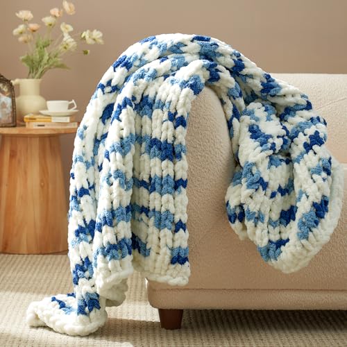Chunky Knit Throw Blanket for Couch 50"x60", Space-Dyed Blue Striped | Handmade Chenille Crochet Throw for Sofa Bed, Thick Cable Knitted Blankets for Room Home Decor, Birthday Gift for Women - color: Blue/White Stripe, size: 50"x60"