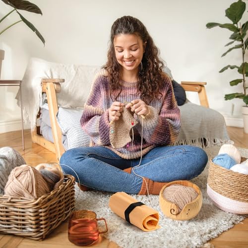 WATINC Wooden Yarn Bowl Holder Set - Large Crochet Yarn Storage Bowls with 9pcs Metal Knitting Hooks, Adjustable Loop Ring Stitch Markers with Box Crochet Gifts for Knitters Crocheters (Natural) - color: Natural