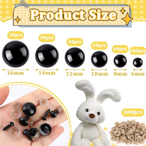 UPINS 600pcs Black Safety Eyes with Washers for Amigurumi Crochet Dolls | 6 Mixed Size Plastic Craft Eyes with Washers, Amigurumi Doll, Stuffed Animal, DIY Crafts Making Supplies - size: 6-16MM