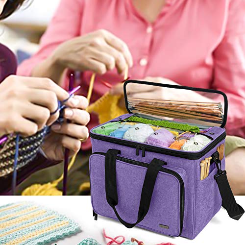 Teamoy Knitting Bag, Yarn Storage Organizer Crochet Bag Tote, Purple | Yarn Holder with Inner Divider(Sewn to Bottom) for Crochet Hook, Knitting Needles(Up to 14"), Project and Crocheting Supplies - color: Purple