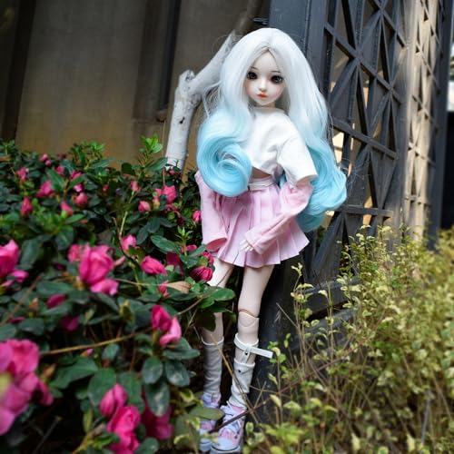 1/3 BJD Doll, 22 Movable Joints Full Set Doll with Long Curly White-Blue Gradient Hair, Pink Outfit & Shoes, Collectible Fashion Ball Jointed Doll for Girls Gift