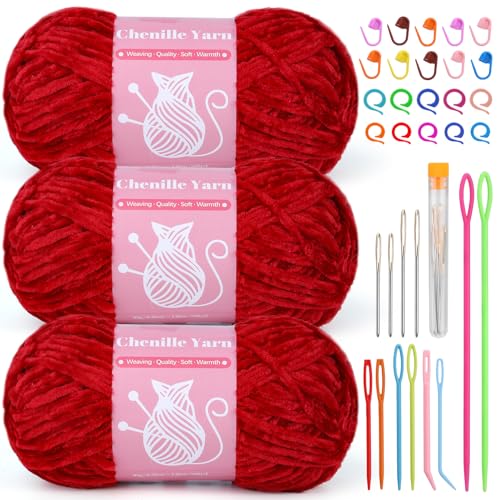 LUNARM Chenille Yarn for Crochet Knitting Chunky Blanket Velvet Yarn | 3 Pack 3.5oz/100g 486 Yard Chenille Yarn for Beginners Knitting Scarves with Big Eye Needles Machine Washable - color: Fresh Red