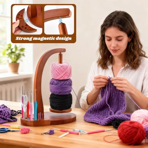 Magnetic Rotating Crochet Yarn Holder with Storage Box - 2-in-1 Wooden Yarn Spinner & Organizer for Knitting Accessories, Yarn-Ball Windder for Crocheting Projects