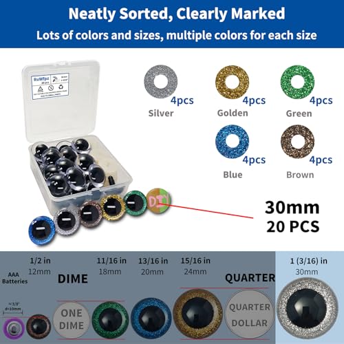 RuWfpz Safety Eyes for Crocheting Amigurumi Glitter 30mm Large 5 Colors | 1-3/16", 20pcs, DIY, with Labeled Box, Hard Washer, Big Plastic Colored Crochet Stuffed Animal Eyes for Doll Craft Bear Plush - size: 30 mm