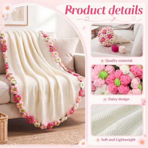 WovWeave Daisy Gifts Basket Set - 43.31 Inch Finished Flower Crochet Knitted Blanket Gift Bag Card Envelope Blanket for Her Mom Girlfriend Women Birthday Wedding Gifts Ideas - color: Pink White, size: 43.31 Inch, style: Daisy