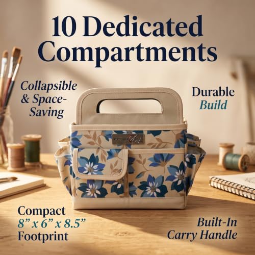 Everything Mary Desktop Tote Organizer – Tan Floral Craft Bag – Portable Storage for Art Supplies, Sewing, Scrapbooking, DIY Tools & Creative Project Organization - color: Tan Floral
