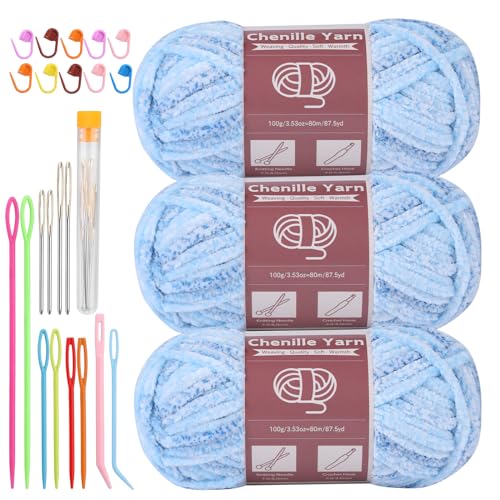 LUNARM Chenille Yarn for Crochet Knitting Chunky Blanket Velvet Yarn | 3 Pack 3.5oz/100g 263 Yard Blue Gradient Chenille Yarn for Beginners Knitting Scarves with Big Eye Needles Machine Washable - color: Blue Gradient