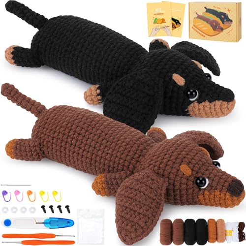 Fortuning's JDS Crochet Kit for Beginners, 2 PCS Dachshund Crochet Kits | Beginner Crochet Kit for Adults Kid w/ Step-by-Step Video Tutorials, Crochet Animal Kit, Dog Craft Knitting Kit Crochet Gifts - color: Brown Black Dachshund Set
