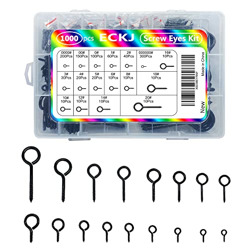 1000Pcs Screw Eyes Assortment Kit Black Screw Eye Hooks Eye Bolts Metal Eye Pins Zinc Plated Eyelet Screw Loops for Hanging Sign, Wind Chime, Jewelry Making 17 Sizes Mini to Large - color: Black, size: 1000PCS