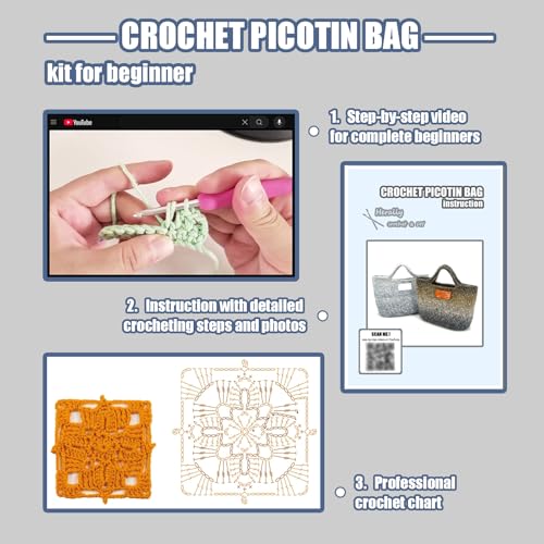 Herally Crochet Kit DIY Bag for Beginners - Crochet Picotin Bag (Cream) | Include Yarn, Hook and Accessory - with Step by Step Video Tutorials - color: Off-white