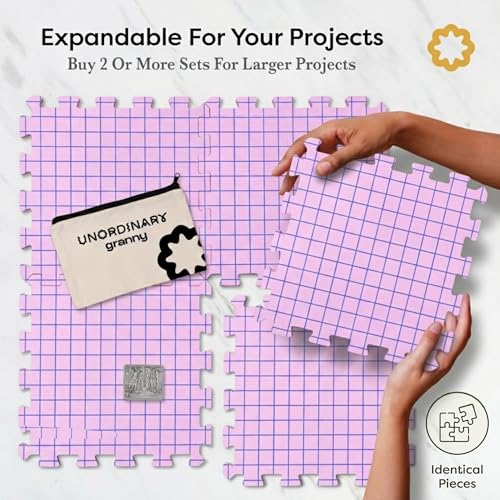 Unordinary Granny® Crochet Blocking Set-9Pc Extra Thick 12x12 Interlocking EVA Foam Mats with Grid, 150 T-Pins, Felt Storage Bag and Cotton Pouch, Blush Pink - color: Blush Pink