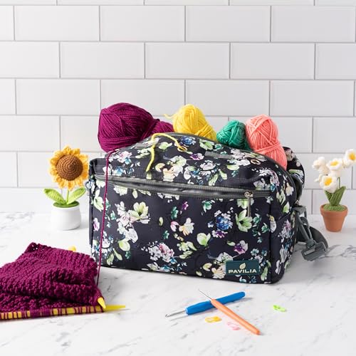 Pavilia Yarn Bag - Knitting & Crochet Bag Organizer, Grey Floral - color: Floral Grey