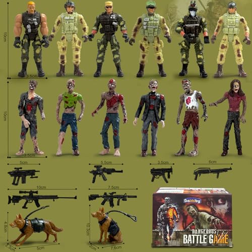 Army Men Action Figures VS Zombie Toys Action Figure Playset (20 Pcs) | Including 6 Detachable Army Men 6 Weapons 6 Zombie Figures 2 Military Dog Birthday Halloween Xmas Gift for Boys Kids - color: Green