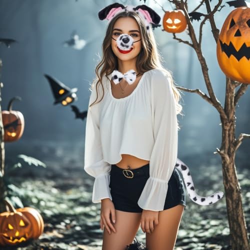 Jmkcoz 4 Pcs Dalmatian Dog Costume Set Puppy Dog Ears Headband and Tail Nose Bow Tie for 100 Days of School Halloween Cosplay - color: Black