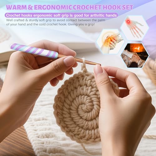 Coopay Warm Crochet Hooks Comfort Grip Longer Aluminum Crochet Hook Set | 9pcs 2.0mm-6.0mm(B-J) Smooth Crochets Needles Set for Crocheting, Short Purple Ripple Handle for Beginners & Arthritic Gifts - color: Short Purple Ripple