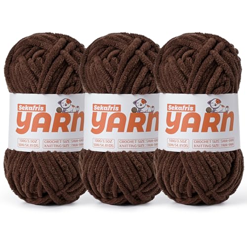 Soft Chunky Chenille Yarn for Crocheting-(300g/10.58oz) Bulky Knitting Crochet Yarn for Blankets-(150m/164yds) Fluffy Velvet Baby Yarn for Amigurumi&Crafts.(3 Dark Coffee) - color: 3 Dark Coffee
