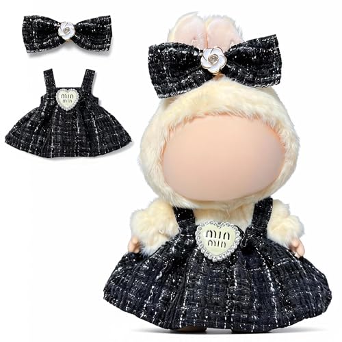 Doll Clothes for Labubu 15cm/17cm Dolls,Outfit for Labubu,Dress and Hairpin Set for Labubu Dolls Cute Stylish Dress Up Set(NO Doll) - color: Black Check Tweed