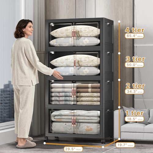 UAMFURI Stackable Storage Bins, 700QT Collapsible Drawers with 1 Lid | Large Capacity, Magnetic Door, Stack Lock, Rolling Wheels, Foldable Design, Organizers and Storage for Bedroom Dorm Garage - color: Dark-175QT, size: 4Pack with 1 top lid