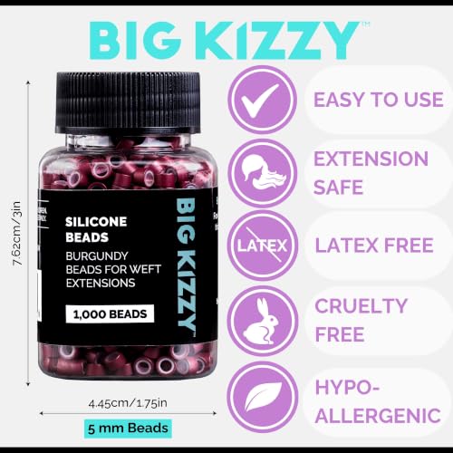 Big Kizzy Silicone Lined Microlink Beads 1000pcs 5.0mm (Burgundy) | for Invisible Application of Weft Hair Extensions - color: Burgundy, size: 1000 beads